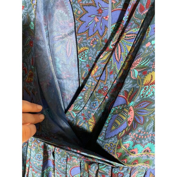 Vintage Albert Nipon Silk Midi Dress Blue Floral Paisley Pleated 90s Size 2 - Picture 6 of 15